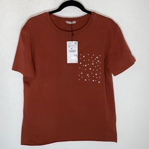 Zara Trafaluc T-Shirt Blouse With Embellished Cute Pocket. NWT